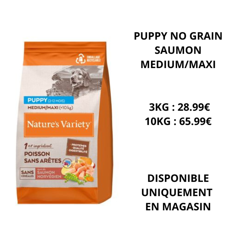 Nature's variety puppy no grain medium/maxi saumon (3kg ou 10kg) Nature's variety puppy no grain medium/maxi saumon (3kg ou 10kg)