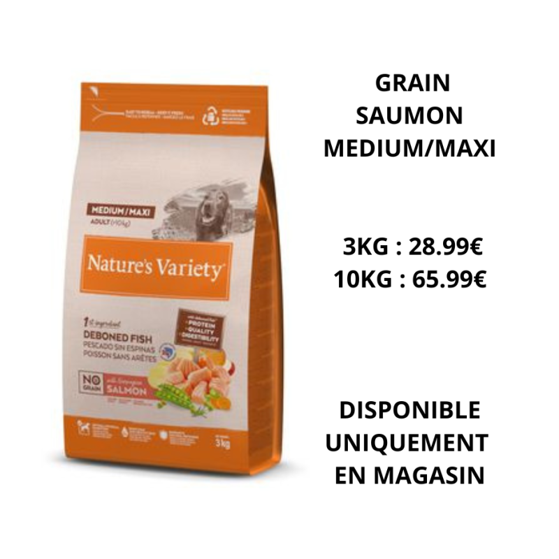 Nature's variety no grain medium/maxi saumon (3kg ou 10kg) Nature's variety no grain medium/maxi saumon (3kg ou 10kg)
