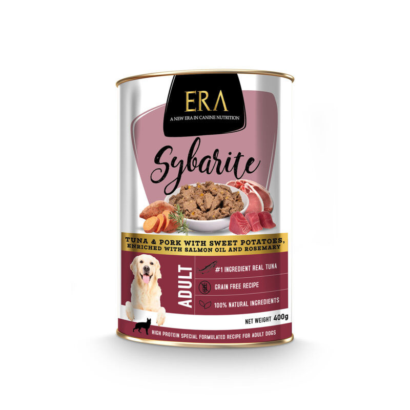 Era Pâtée Sybarite chien thon et porc, avec patate douce, enrichie en huile de saumon et romarin 400 g.