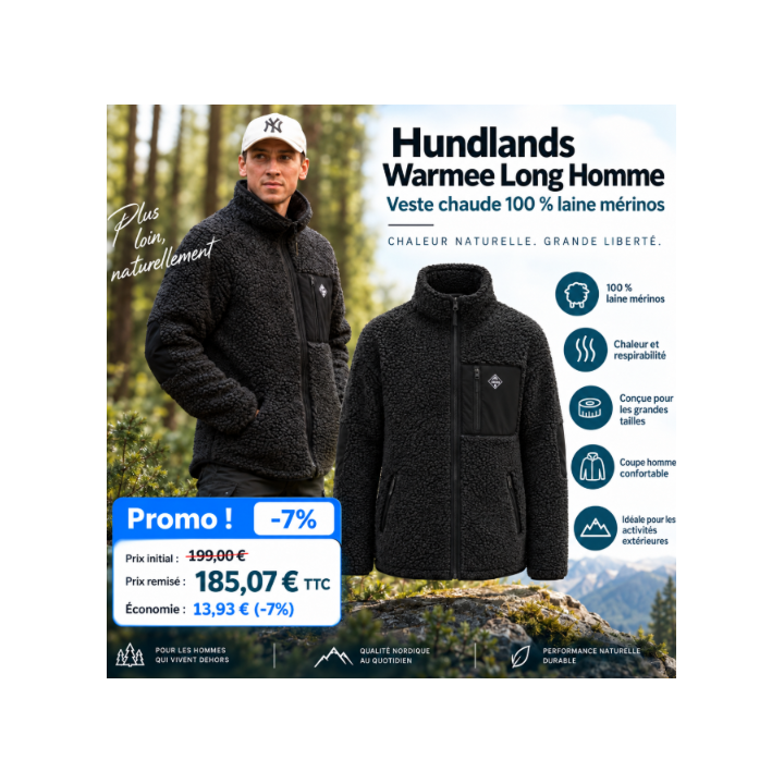 Hundlands Warmee Long Homme | Veste 100 % laine mérinos